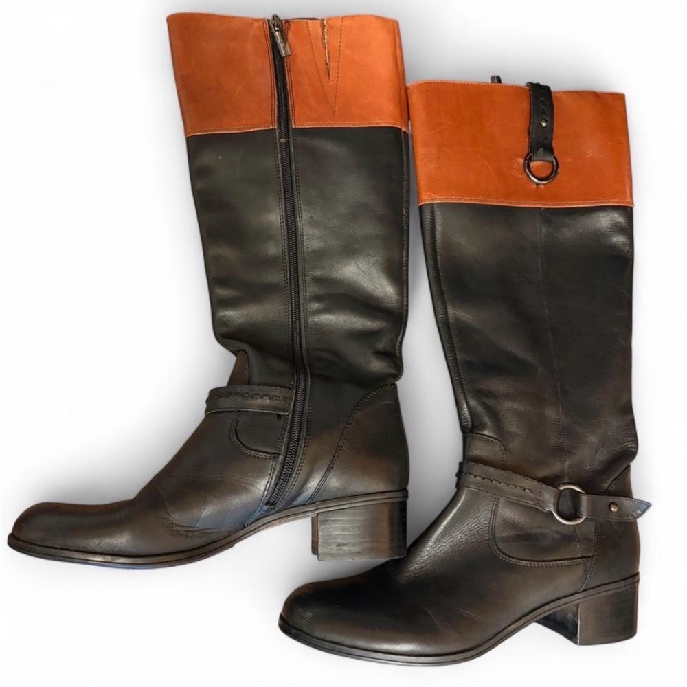 Two-Tone Brown Leather Riding Boots with Tan Cuff